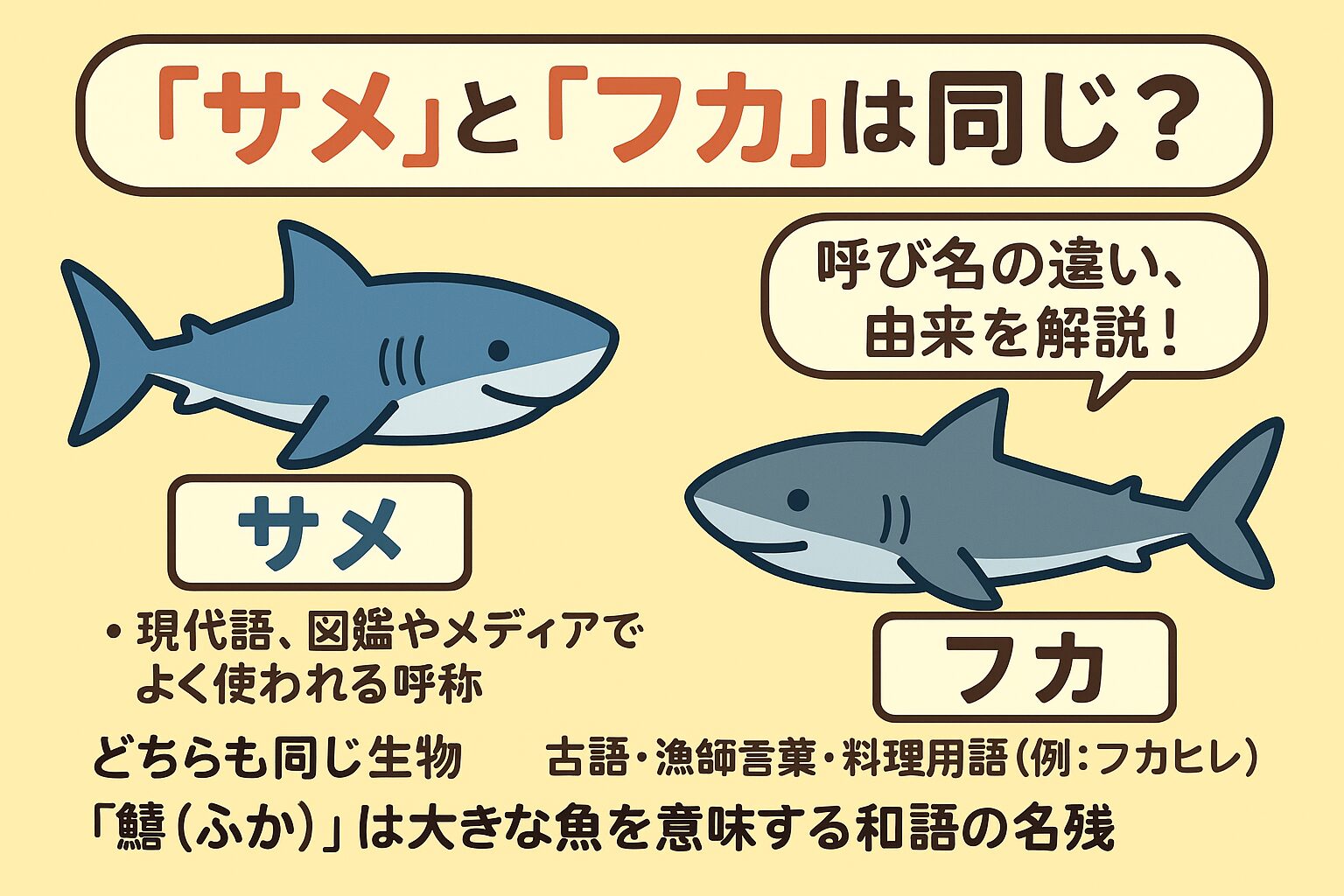 「サメ」は広く知られる生物の総称として、「フカ」は食文化や地域に根ざした呼び名として、それぞれ異なる役割を果たしてきた。釣太郎
