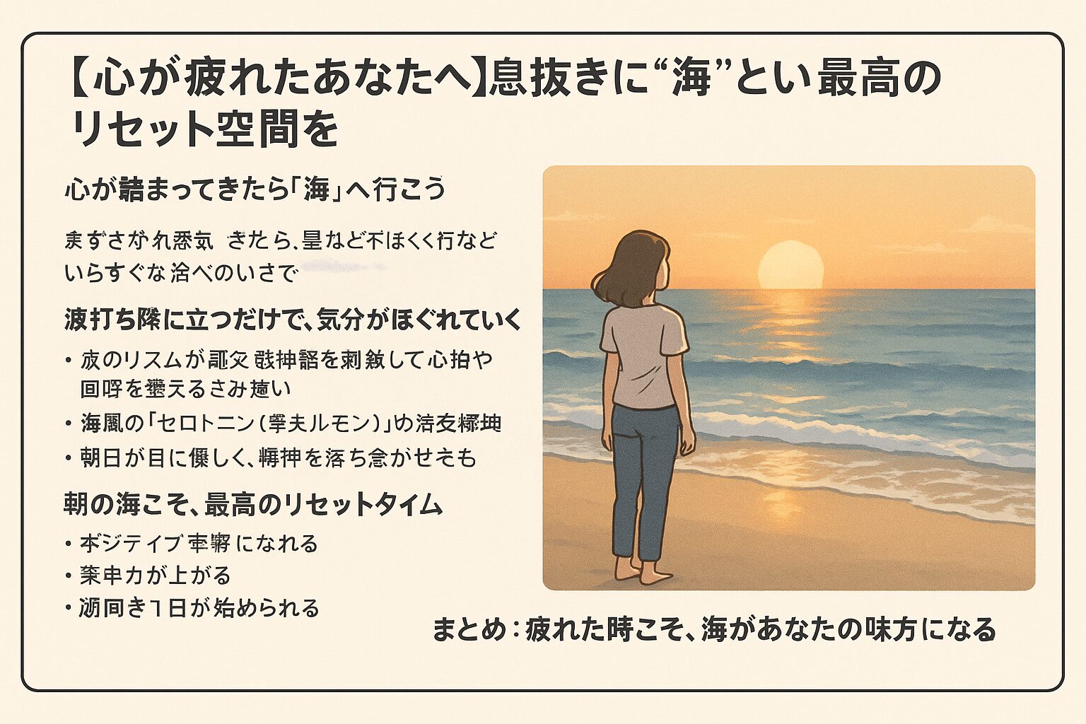 疲れた時こそ、海があなたの味方になる
・ストレスや疲れを感じたら、まずは海へ
・波打ち際に立つだけでもリラックス効果
・特に朝日は“心の再起動”に効果的。釣太郎