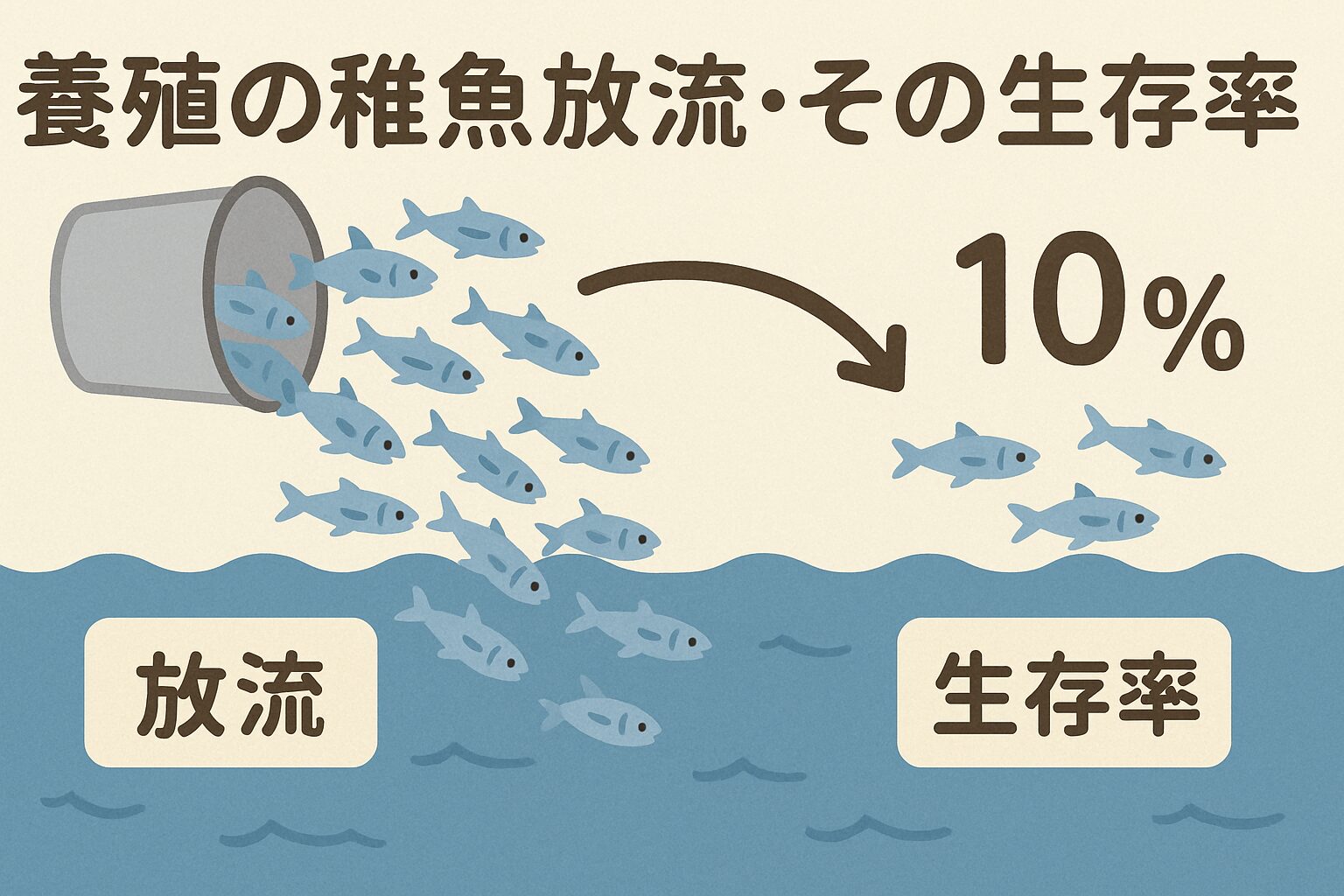 放流された稚魚が成魚になる確率は、0.3〜3％程度、天然魚の場合、放卵から成魚になるまでの生存率は 0.001％〜0.01％以下 と言われています。釣太郎