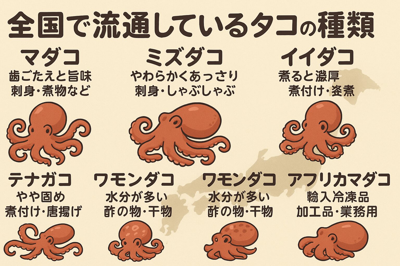 タコは、日本人にとって非常に馴染み深い食材でありながら、その種類ごとの違いはあまり知られていません。 しかし実際には、タコの種類によって「食感・味・用途・価格」はまったく異なります。釣太郎