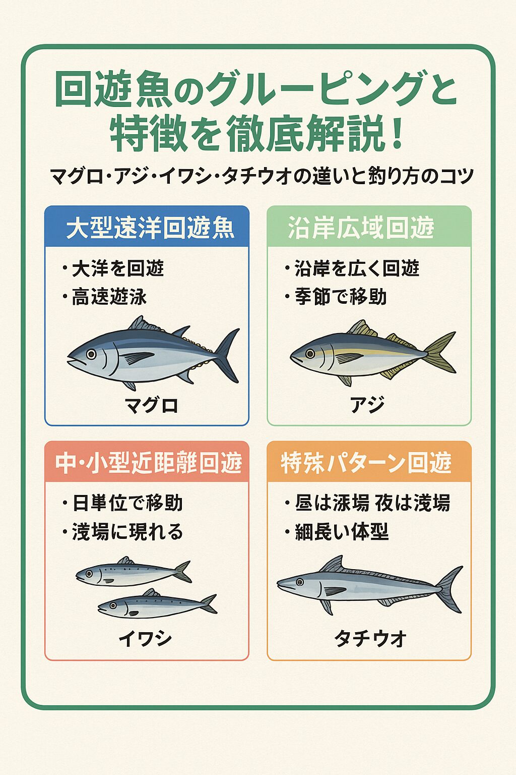 「回遊魚」とは、季節や成長、産卵、エサを求めて広範囲を移動する魚のことを指します。海水魚が中心で、陸から釣れる魚も多く、釣りの人気ターゲットとなることがほとんどです。釣太郎