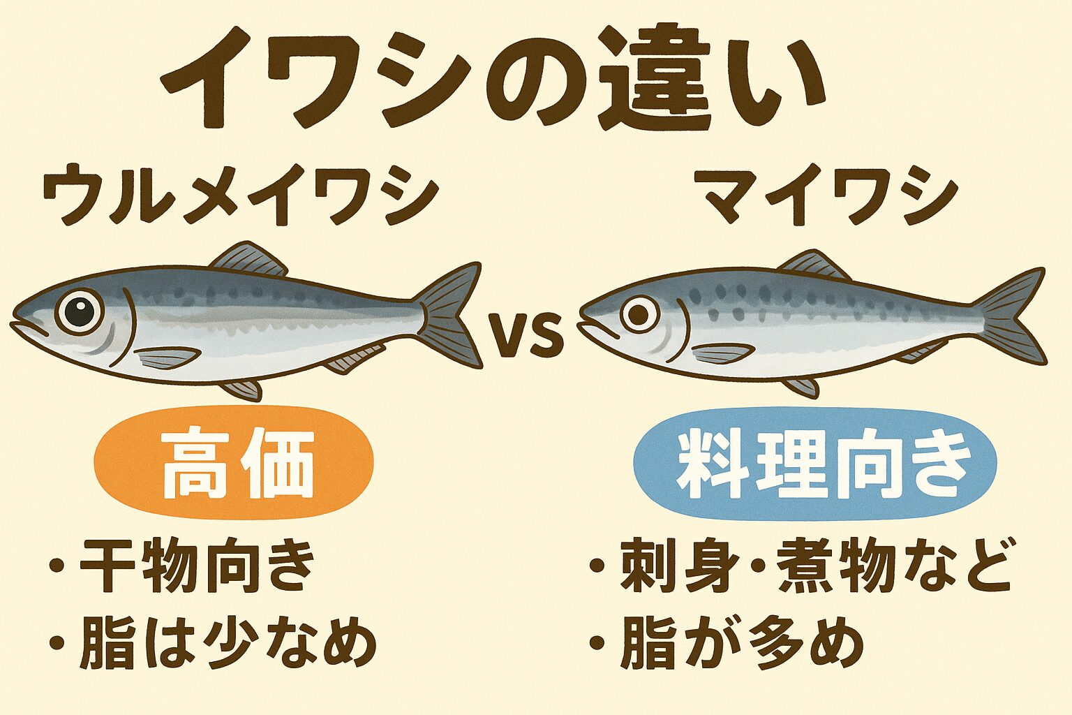 ウルメイワシは、干物・保存性・上品な味わいを重視する方向けの高級イワシ。 マイワシは、料理の幅が広く、脂の甘みを楽しめる家庭料理の王道イワシ。釣太郎