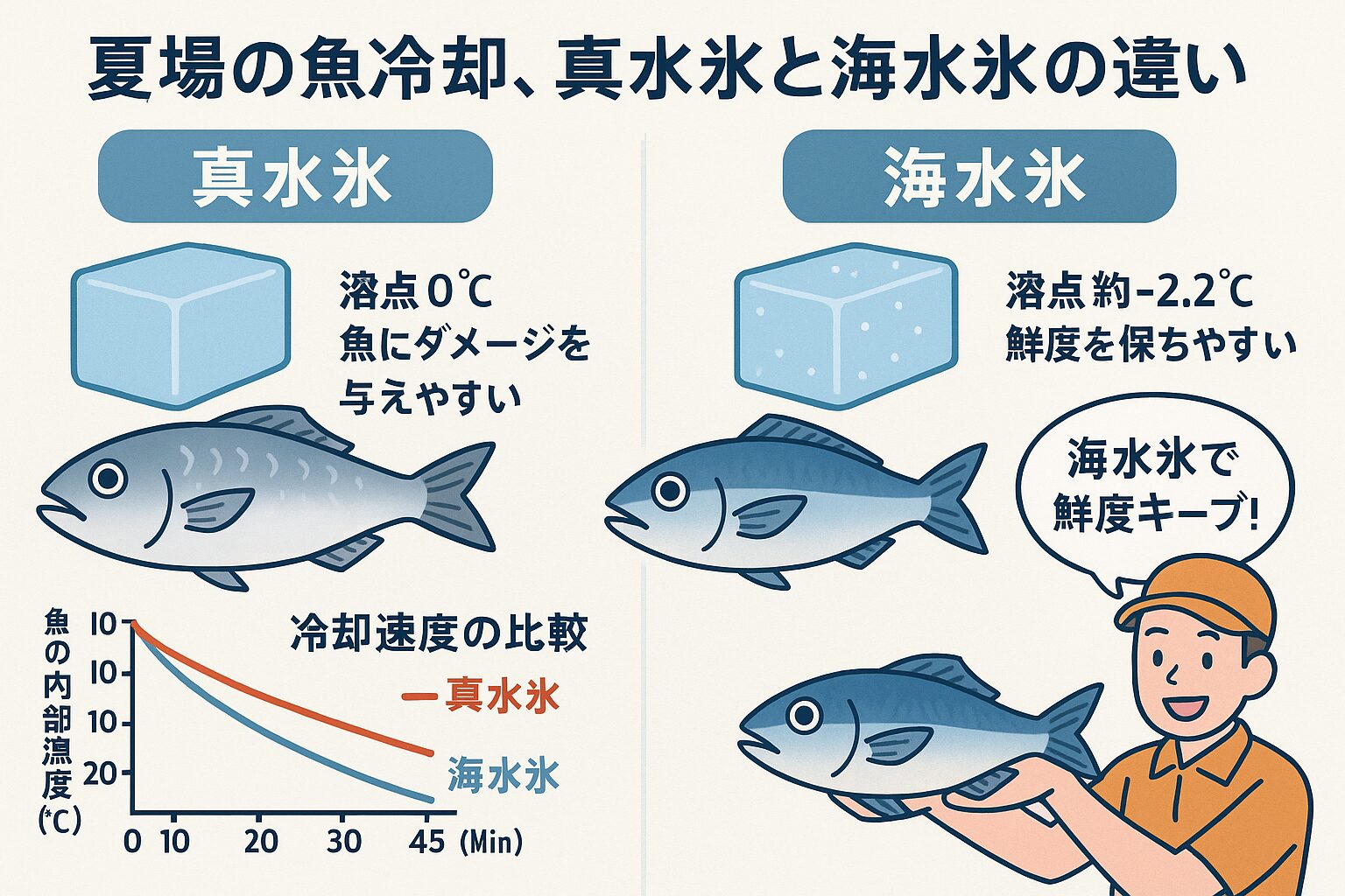 【AI解説】夏場の魚冷却、真水氷と海水を凍らせた海水氷の違いとは？鮮度を守る最強の選択肢。釣太郎