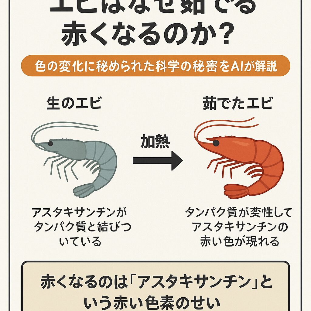 加熱するとどうなる?タンパク質が変性し、色素が現れる!茹でる(ボイルする)ことで、クラスタシアニンというタンパク質が熱で変性します。この変性によって、アスタキサンチンが遊離(タンパク質から解放)され、本来の赤い色が現れるのです。つまり、「エビを茹でると赤くなる」のは、赤い色素が熱でむき出しになるからというわけです。釣太郎