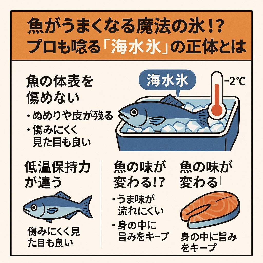 海水で作った海水氷はただの氷ではありません。魚の見た目、鮮度、味、保存力すべてに優れた“プロ御用達の魔法の氷”です。釣太郎