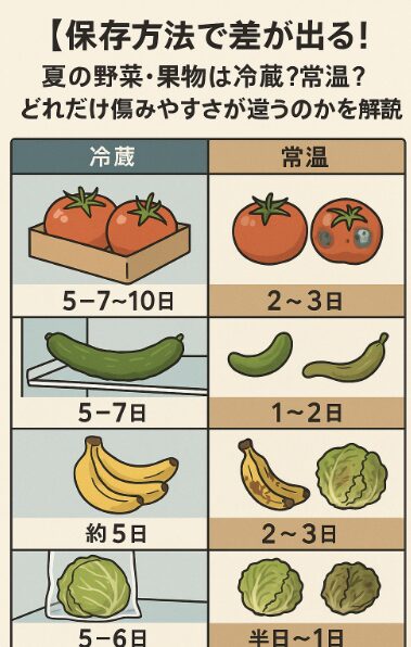 【保存方法で差が出る！】夏の野菜・果物は冷蔵？常温？どれだけ傷みやすさが違うのかをAIが解説！釣太郎
