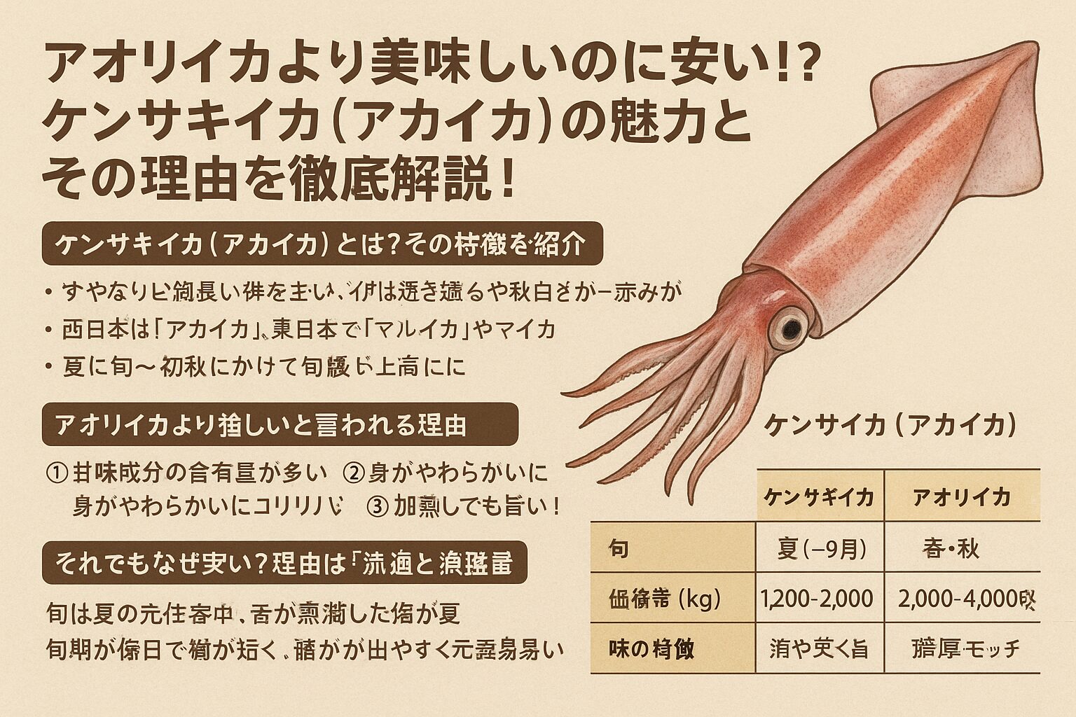 はじめに：イカ好き必見の「夏の最高峰」 ・「アオリイカが一番うまい」と思っていませんか？ ・実は、イカ通の間で「真の王者」とも称されるのがケンサキイカ（別名：アカイカ）です。 ・夏に旬を迎えるこのイカ、味はアオリイカをしのぐとも言われますが…なぜか価格はお手頃。 この記事では、そんなケンサキイカの魅力と、「なぜ美味しいのに安いのか？」という謎を、分かりやすく解説していきます。 ケンサキイカ（アカイカ）とは？その特徴を紹介 ・ケンサキイカは細長い体を持ち、身は透き通るようなピンク色〜赤みがかった色合い。 ・西日本では「アカイカ」、東日本では「マルイカ」や「マイカ」とも呼ばれます。 ・特に夏〜初秋にかけて旬を迎える「高級イカ」として知られています。 特徴まとめ ・旬：夏（6〜9月） ・身質：ねっとりして甘みが強い ・サイズ：200〜400gが主流、1kg超えも存在 ・食感：柔らかさとコリコリ感のバランスが絶妙 アオリイカより美味しいと言われる理由 ① 甘味成分の含有量が多い ・ケンサキイカはアミノ酸の一種「グリシン」「アラニン」「グルタミン酸」など、甘味系アミノ酸を多く含みます。 ・このため、刺身にすると強い「旨み」「甘み」が感じられます。 ② 身がやわらかいのにコリコリ感もある ・アオリイカより身が薄めで歯切れがよく、刺身や寿司に最適。 ・時間が経っても硬くなりにくく、ねっとり系の食感が楽しめます。 ③ 加熱しても旨い！ ・天ぷらやバター焼き、煮付けにしても味が落ちず、むしろ甘さが引き立ちます。 ・アオリイカは加熱するとやや固くなる傾向がありますが、ケンサキイカは柔らかく仕上がるのが特徴。 それでもなぜ安い？理由は「流通と漁獲量」 ① 漁獲量が多く、群れで漁獲される ・ケンサキイカは回遊性が強く、イカ釣り漁船によって大量に漁獲されることが多いです。 ・一方アオリイカは単独で動き、狙って釣るのが難しい＝漁獲効率が悪いため高価になります。 ② 漁期が夏限定で旬が集中 ・ケンサキイカは夏に集中して獲れるため、市場に一気に出回り、価格が安定（＝下がる）傾向があります。 ・逆にアオリイカは年中流通しており、特に春・秋は高値で取引されます。 ③ 鮮度落ちが早いため市場価値が下がりやすい ・ケンサキイカは身がデリケートで傷みやすく、時間が経つと変色しやすい性質があります。 ・流通スピードが命＝扱いにくいため、価格が控えめに設定されがちです。 ・ただし、産地直送や釣りたてのものは「超高級品」として扱われることも。 実際に比べてみた：価格と味の比較 比較項目 ケンサキイカ（アカイカ） アオリイカ 旬 夏（6〜9月） 春・秋 価格帯（kg） 1,200〜2,000円程度 2,000〜4,000円以上 味の特徴 甘みが強くねっとり 濃厚でモッチリ 刺身の旨さ ◎ ◎ 加熱調理の適性 ◎（柔らかく旨味強い） ◯（やや固くなる） まとめ：夏こそ「ケンサキイカ（アカイカ）」を選ぼう！ ・アオリイカに引けを取らない、いやそれ以上とも言われる旨さを持つケンサキイカ。 ・にもかかわらず、価格は控えめで家計にも優しい。 ・刺身でも加熱でも楽しめ、夏の食卓にピッタリのイカです。 「イカ＝アオリイカ」という固定観念を捨てて、今年の夏はぜひ“ケンサキイカ”を味わってみてください！ その美味しさに、きっと驚くはずです。釣太郎