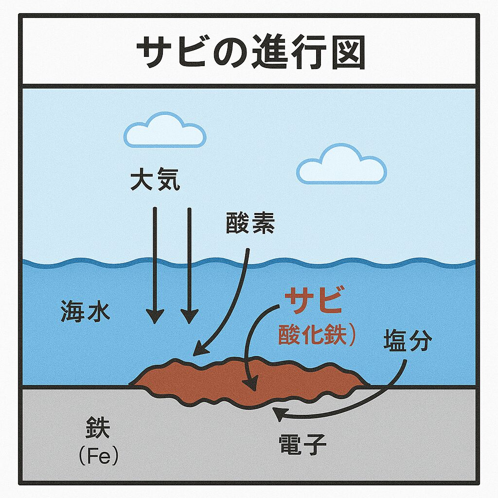 海水には真水の約20倍の電導性があり、電気が通りやすい=金属のイオン化が進む環境です。その結果、金属がどんどん電子を失い、酸化が加速 → サビ発生という流れになります。釣太郎