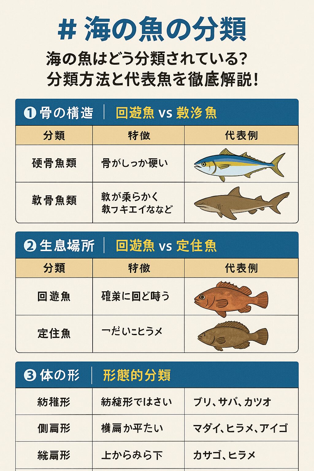 海の魚は、 ✅ 骨の構造（硬骨魚・軟骨魚） ✅ 生息場所（回遊・定住） ✅ 体の形（紡錘・側扁・縦扁） などで分類できます。釣太郎