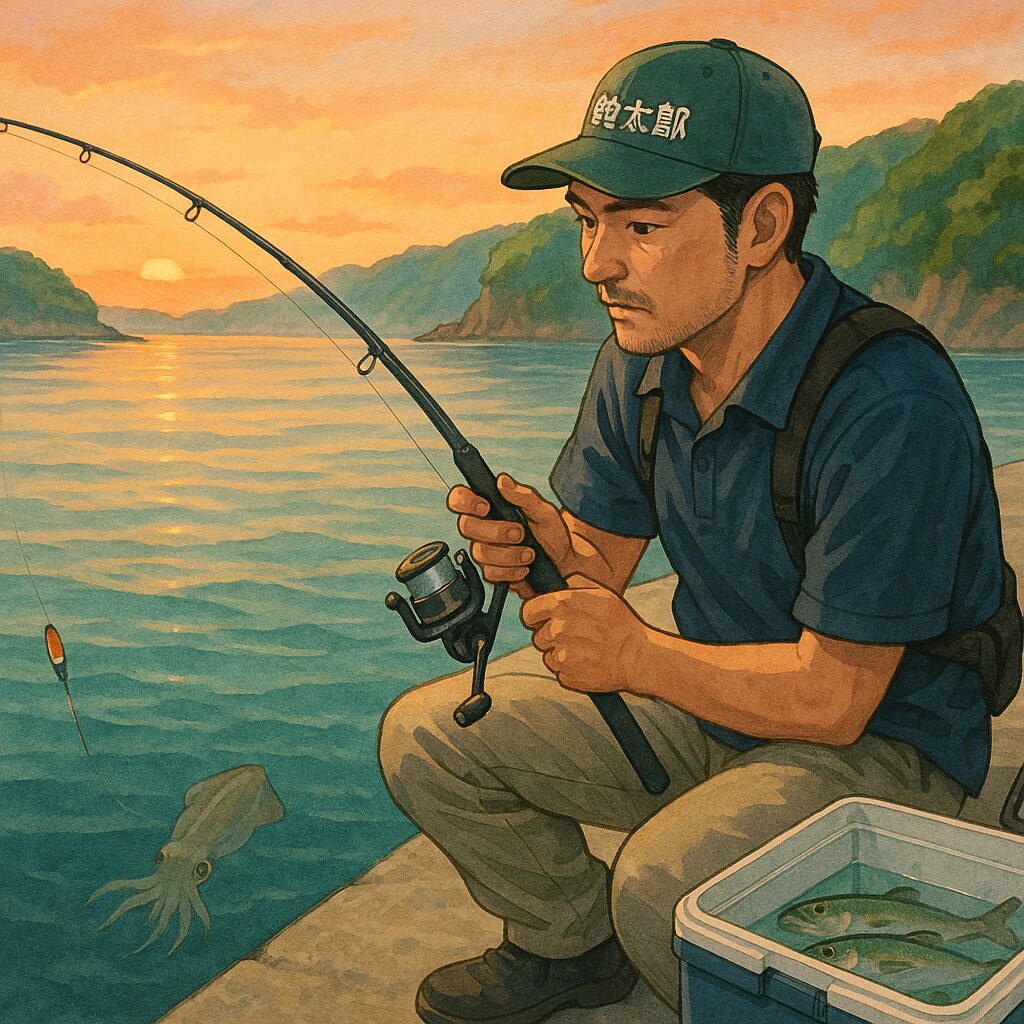 これだけ暑いと釣り人いないやろ?いえいえ朝一番と夕方、夜釣り客はコンスタントに動いています。活アジもありあり、アオリイカ釣り客も。釣太郎
