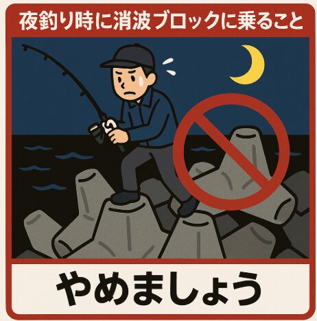 夜間の消波ブロック、絶対に乗らないでください！命に関わる危険性説明。釣太郎