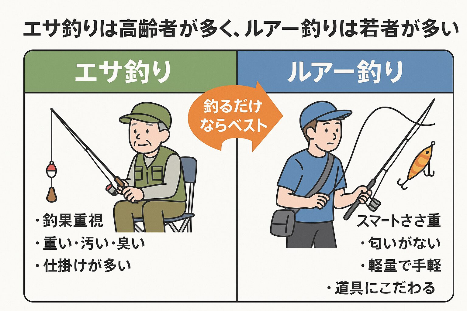 【AI解説】なぜエサ釣りは高齢者が多く、ルアー釣りは若者に人気？釣果・手間・スタイルから見た世代別の違いとは。釣太郎