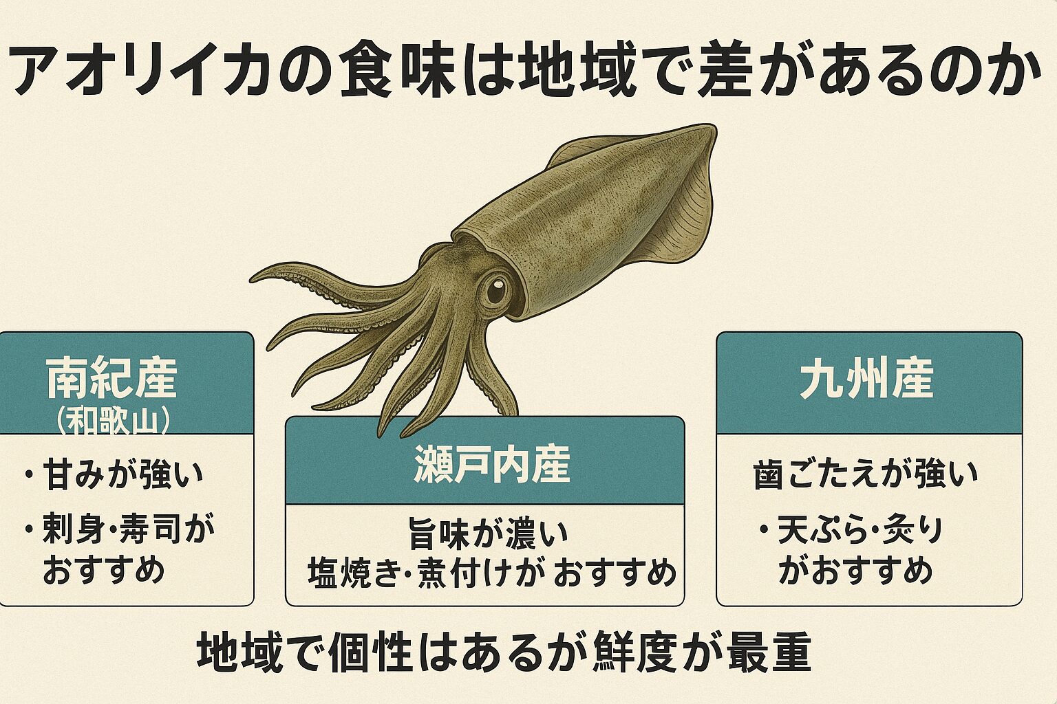 アオリイカの食味は、・鮮度　40％・旨味成分（アミノ酸類）　35％・食感（筋繊維の発達度）　15％・地域環境（水温・潮流・エサ）　10％。釣太郎