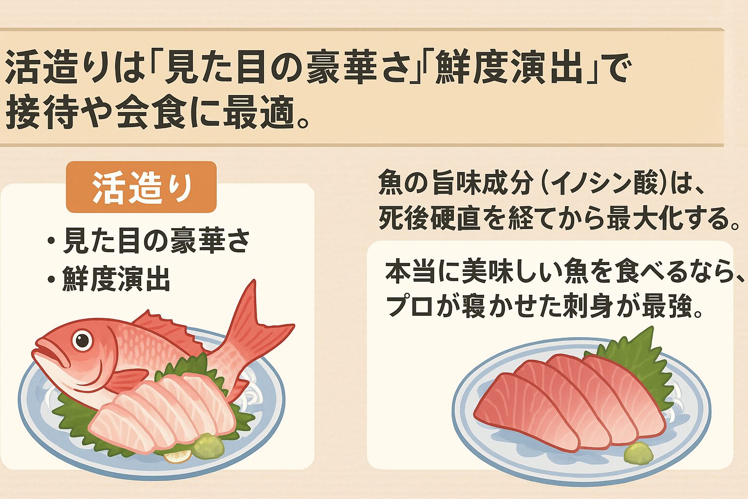活造りは、その鮮烈な演出と、コリコリとした食感を楽しむための料理です。対して、本当に魚本来の深い旨味を味わいたいのであれば、プロが時間をかけて熟成させた刺身が最強と言えるでしょう。釣太郎