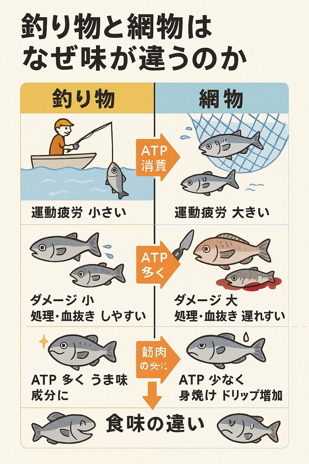 魚は釣り物はダメージが小さく、旨味へ転化する下地が整いやすい。網物は量とコストに優れるが、疲労と温度上昇、圧迫のコントロールが鍵。釣太郎