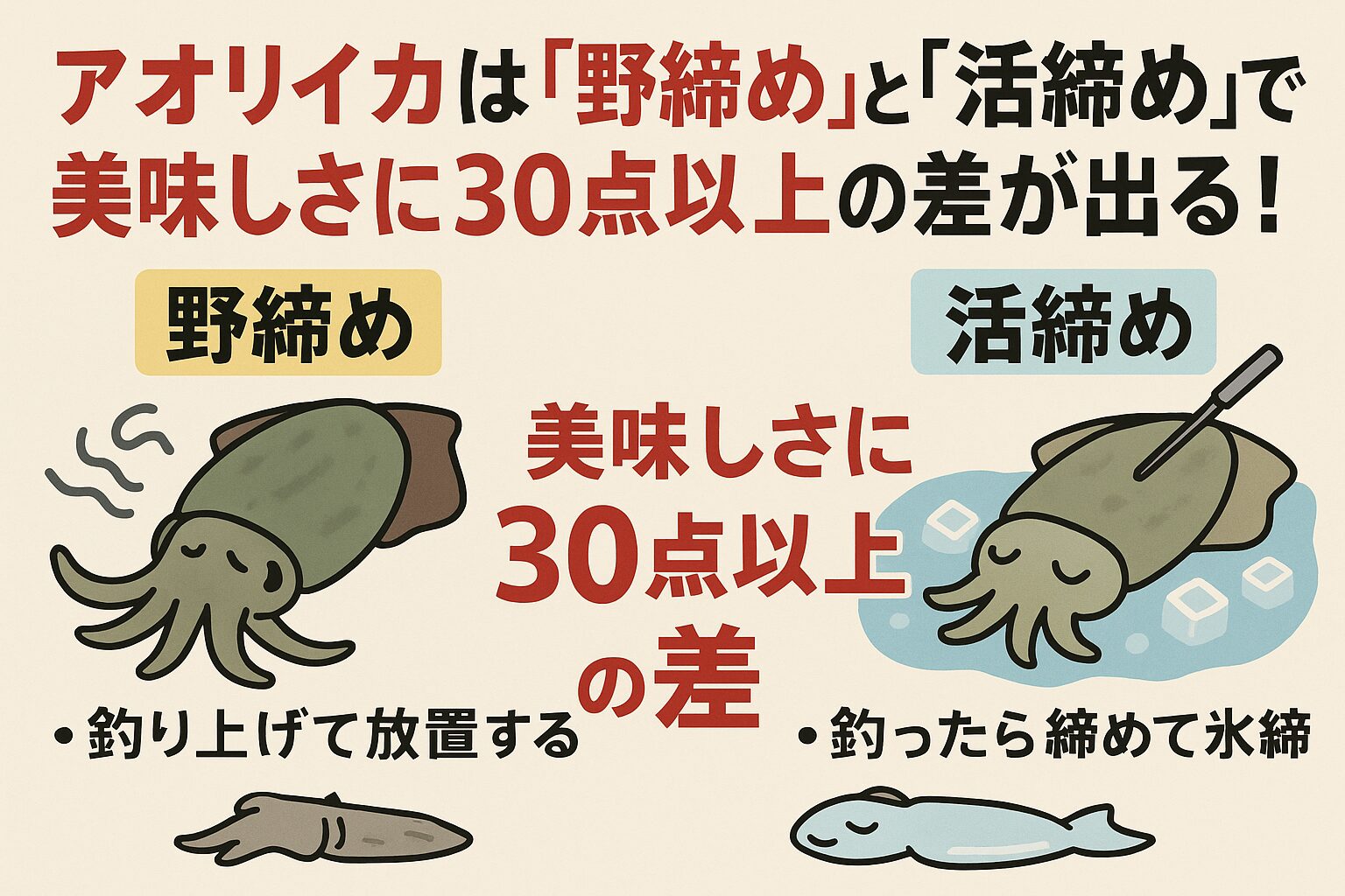 アオリイカの美味しさは「釣った瞬間」で決まるのではなく、「その後の処理」で決まru 。野締めと活締めでは、食味評価に30点以上の差が出るの。釣太郎