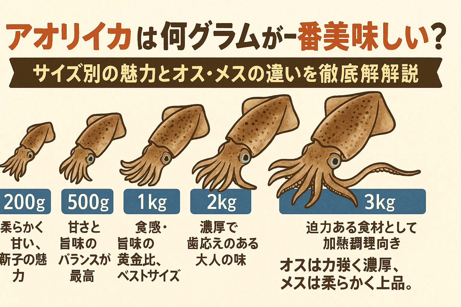 アオリイカ、柔らかさと甘みを楽しむなら 200g（新子）。バランス最高で万人受けするのは 500g。食感と旨味の黄金比を味わうなら 1kg。釣太郎