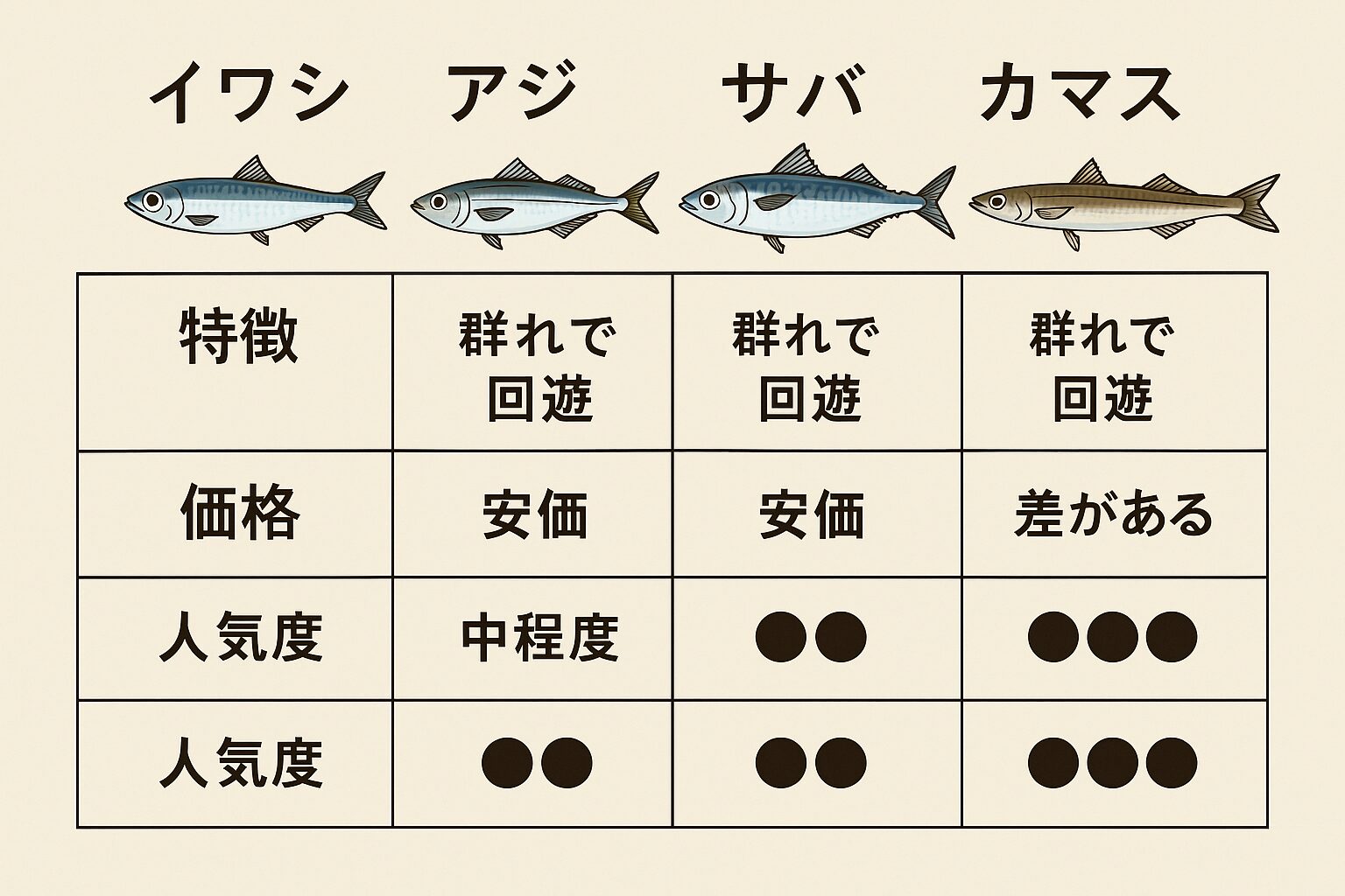 イワシ・アジ・サバ・カマスは、・大量に捕れやすい。・群れで回遊するため安定供給・価格が手ごろで庶民的・性転換はせず、資源として読みやすい。釣太郎