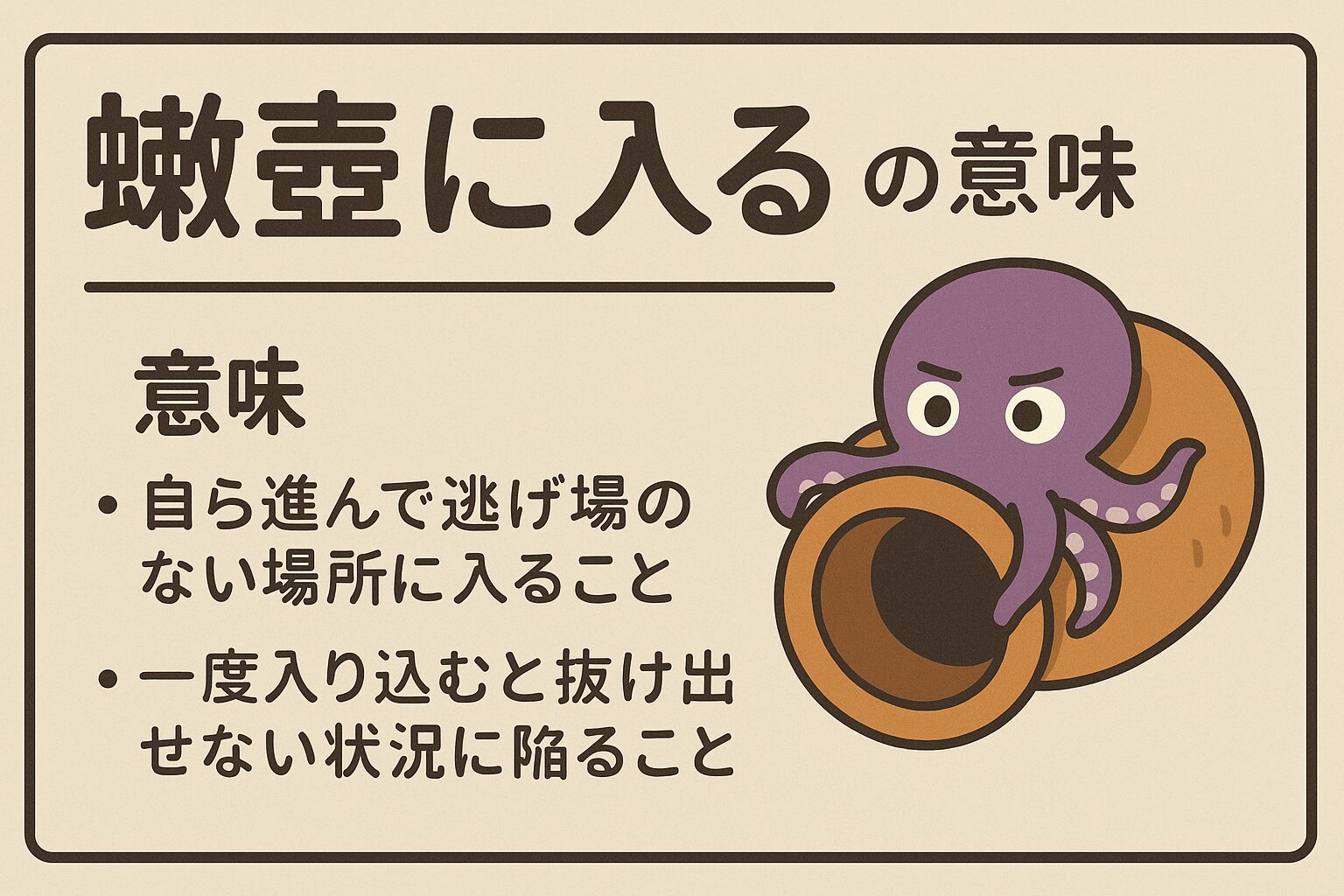 「蛸壺に入る」とは、 ・自ら逃げ場のない場所に入り込むこと・結果的に身動きが取れなくなる状況を指すことわざ。釣太郎