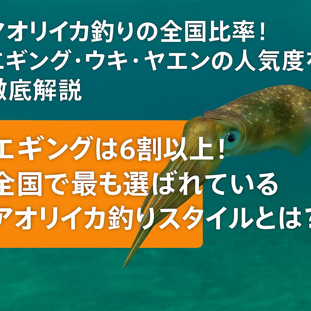 全国的なアオリイカ釣りの比率は、エギングが圧倒的シェア（約60〜70％）を誇り、次いでウキ釣り（約15〜20％）、ヤエン釣り（約10〜15％）。釣太郎
