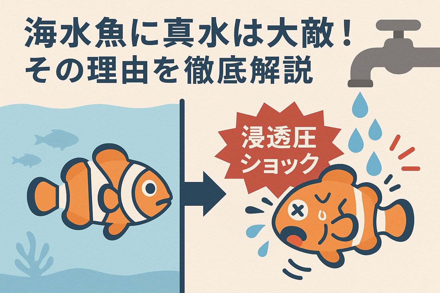 海水魚にとって真水は「毒」に近い存在。浸透圧ショック・えらの損傷・粘膜の剥離といったダメージは、取り返しがつかないことが多い.釣太郎