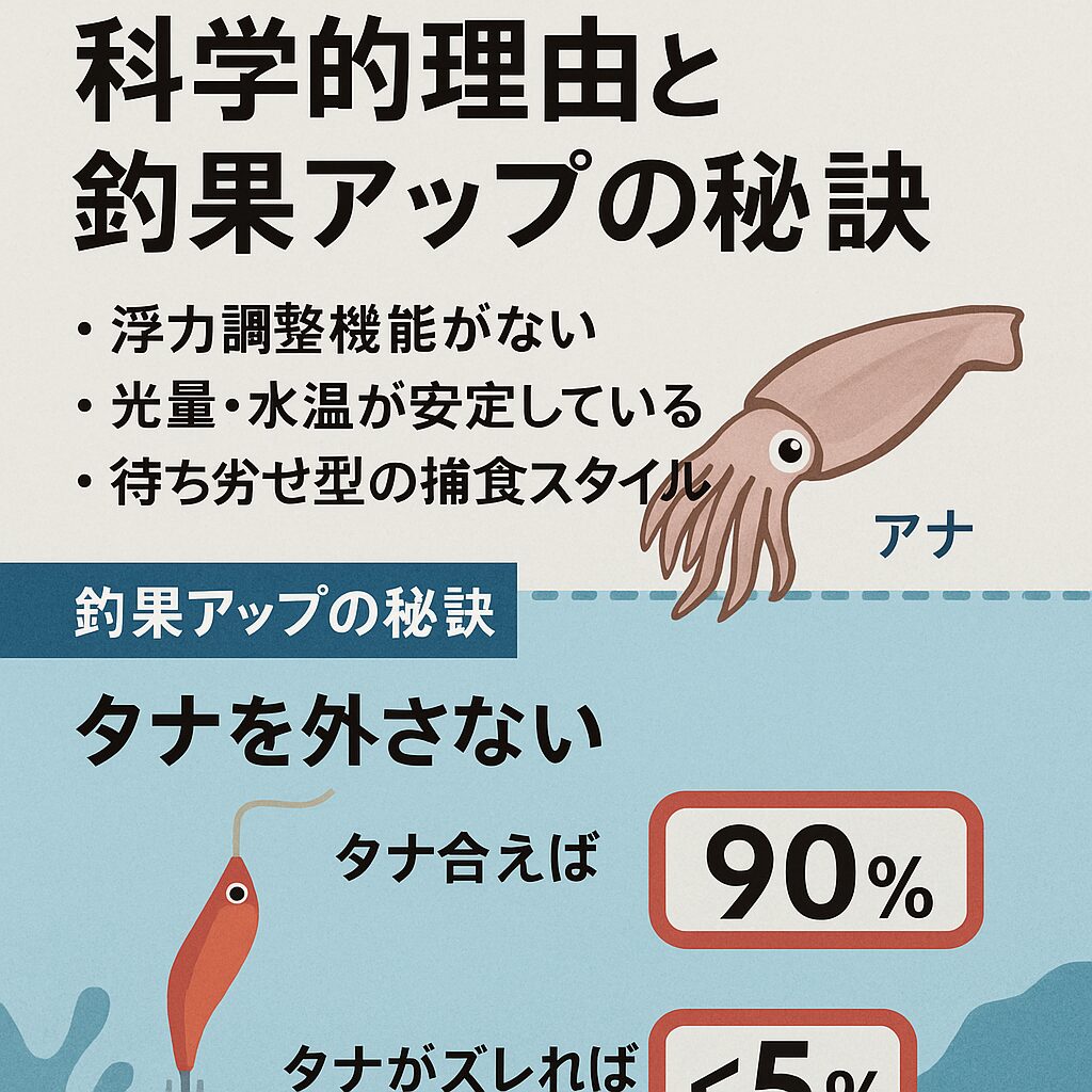アオリイカはタナから離れないのは「浮力調整ができない」「光量や水温に依存」「待ち伏せ捕食」という科学的な理由が背景にあります。釣太郎