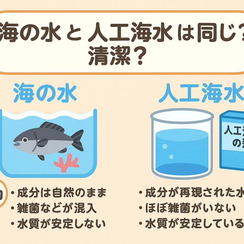 海水と人工海水は「同じではない」天然の海水は「本物」だが、清潔さや安全性に不安がある。人工海水は「再現された海水」であり、安定していて清潔。釣太郎