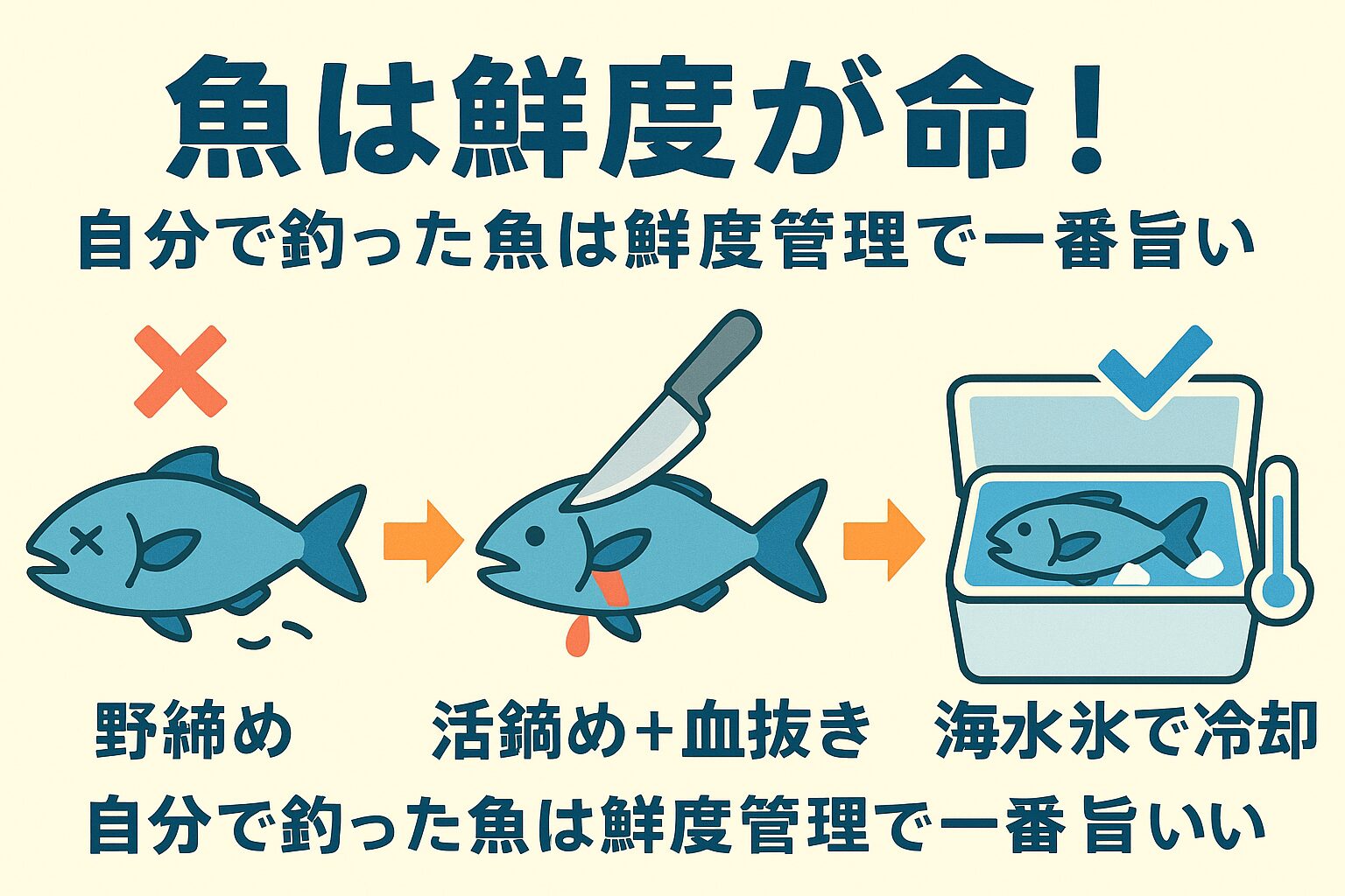 魚は釣った瞬間から劣化が始まる。活締め・血抜き・海水氷が美味しさの鍵。野締めは旨味を半分以下にしてしまう。市販の魚との違いは「時間」と「処理の質」釣太郎