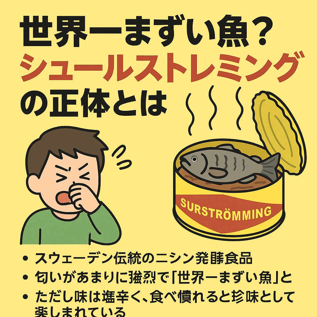 シュールストレミングはスウェーデン伝統のニシン発酵食品・匂いがあまりに強烈で「世界一まずい魚」と呼ばれる。釣太郎