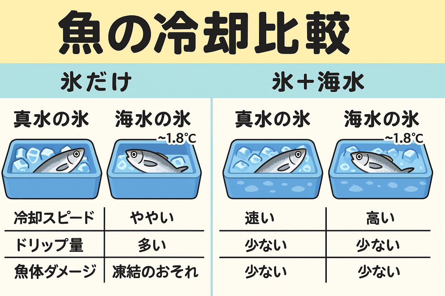 魚の冷却、鮮度重視・短時間冷却 → 海水氷＋海水。長時間保存重視 → 氷だけ（必要時に氷水に移す）。バランス型 → 真水氷＋海水。釣太郎