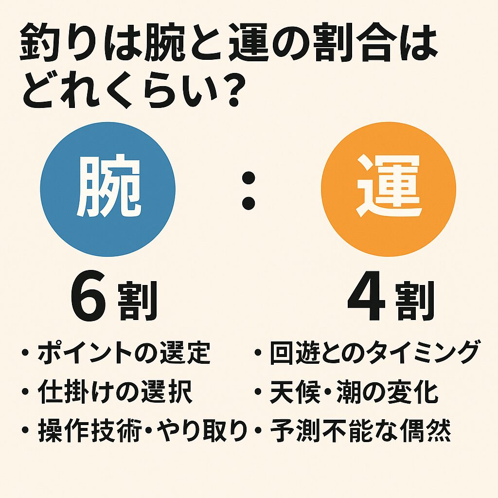 釣りにおいて腕は6割、運は4割。ただし、これはあくまで平均であり、ターゲットや釣り方によって変動します。釣太郎