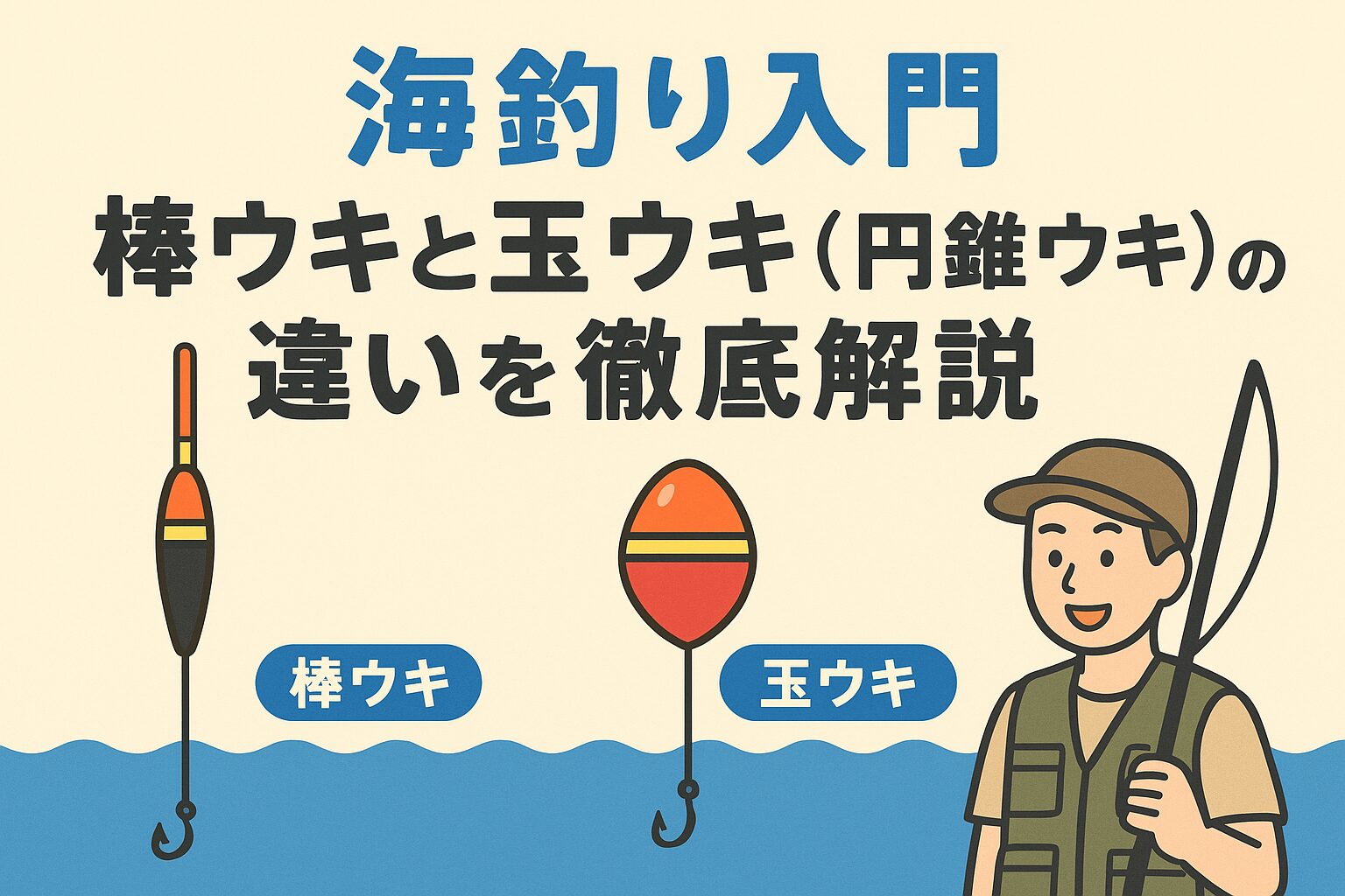 棒ウキと玉ウキの違いは「感度」と「安定性」にあります。棒ウキ = 感度重視（小さなアタリを逃さない）玉ウキ = 安定性重視（波に強く遠投できる）。海釣りを楽しむには、釣り場やターゲットに合わせてウキを使い分けることが大切です。釣太郎