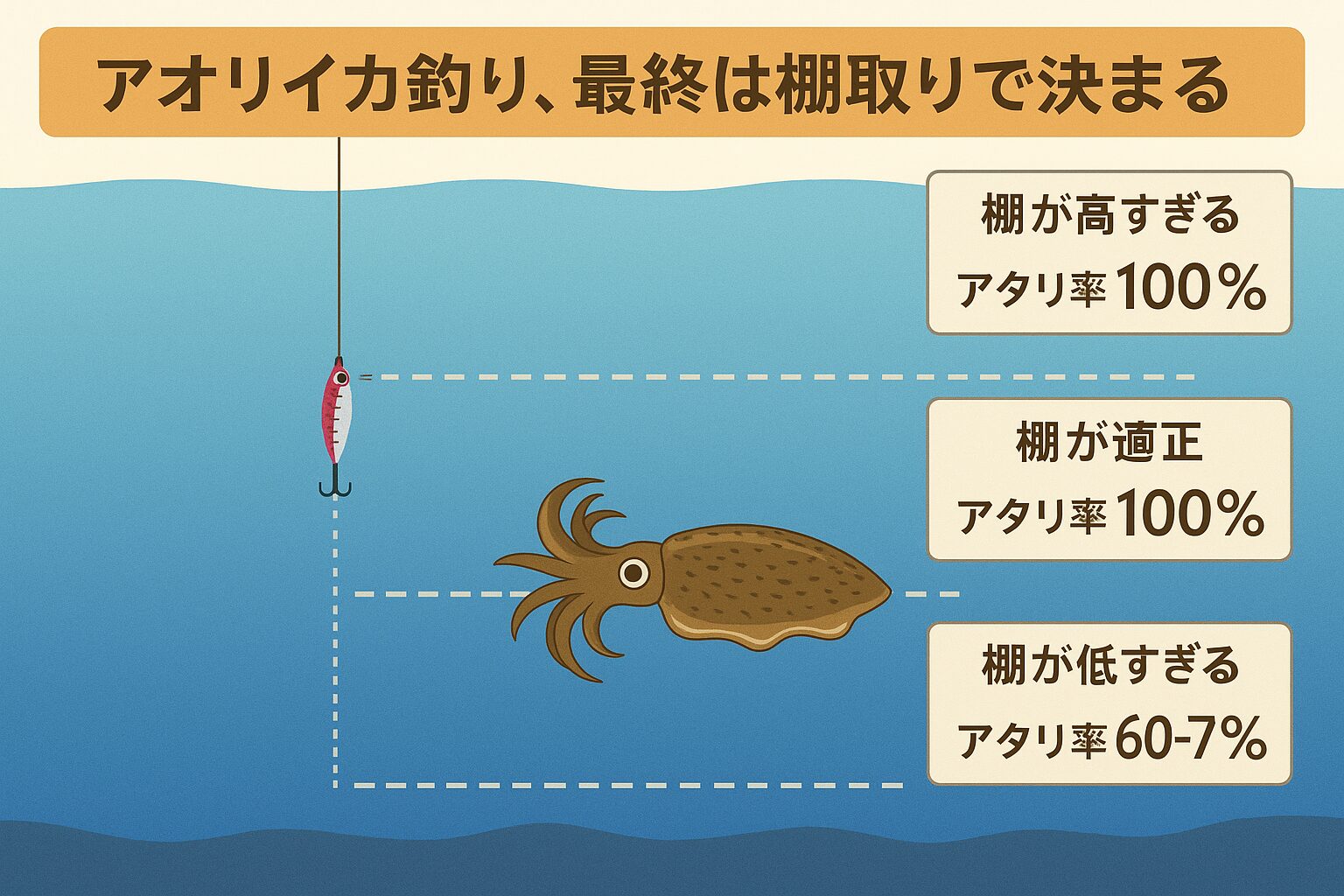 アオリイカ釣りは、さまざまな要素が絡み合って結果が出ます。 しかし、AIが示した通り、最終的に釣果を決めるのは**「タナ合わせ」**です。 ・タナがズレればアタリは半減 ・タナが合えば同じ場所でも爆釣に変わる ・AI解析では最大1.8倍の釣果差が確認されている。釣太郎