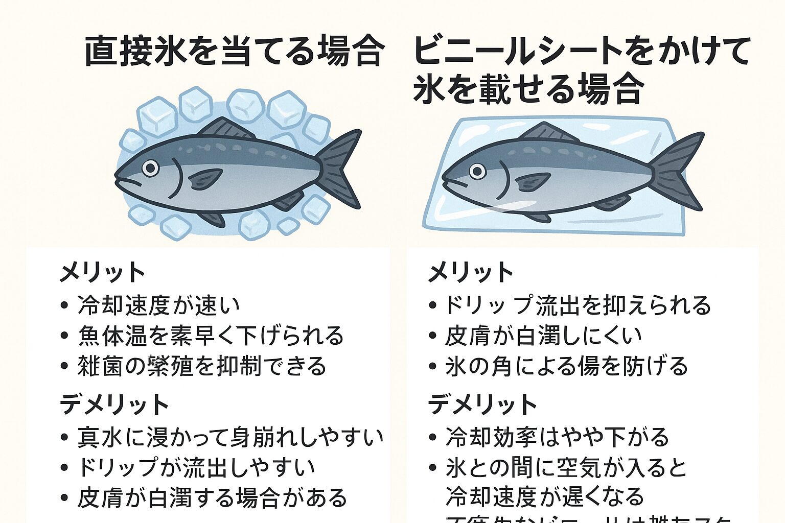 直接氷は冷却速度に優れるが、ドリップや見た目劣化のリスクあり 。ビニールシート＋氷は冷却効率はやや落ちるが、鮮度や見た目を保持できる。釣太郎