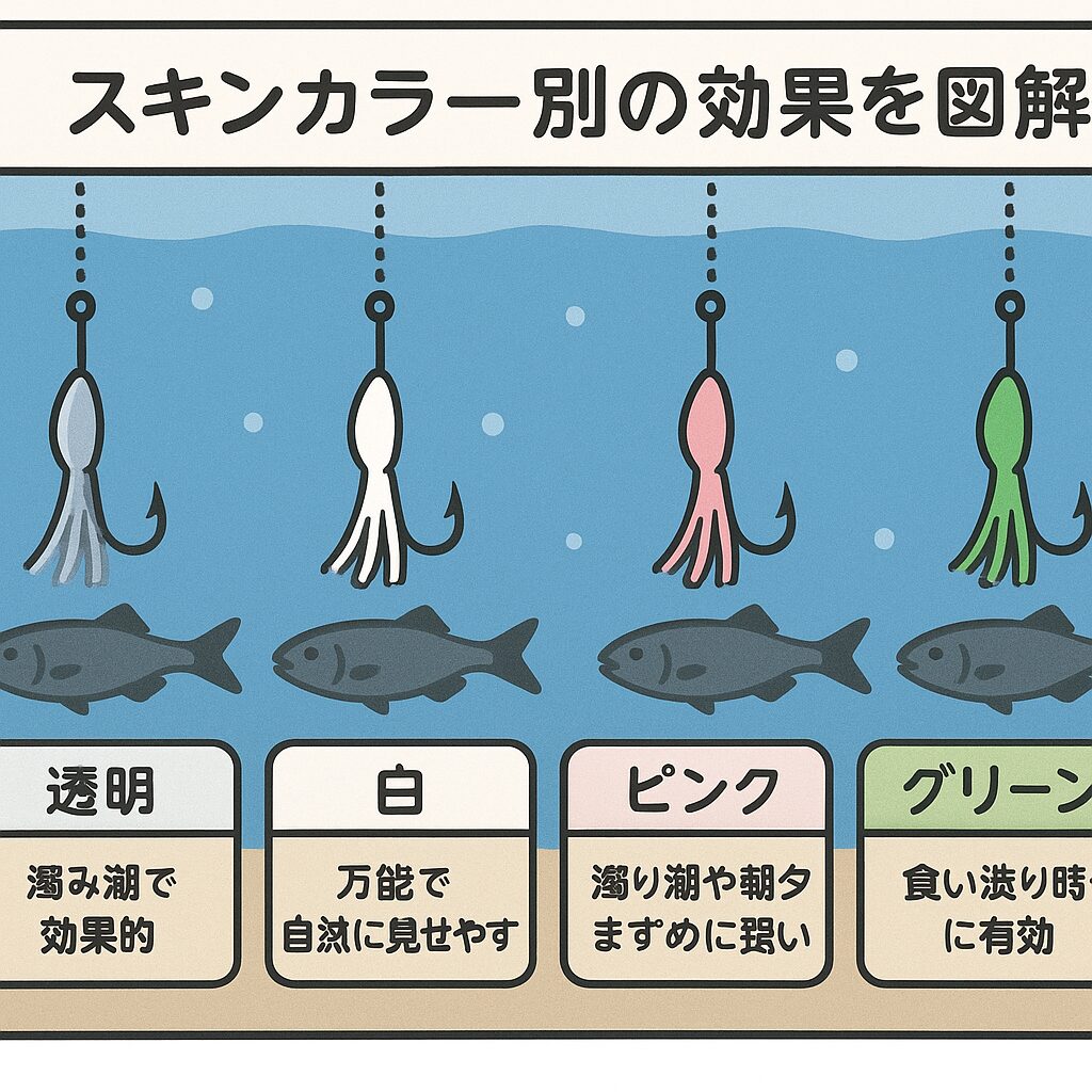 サビキ仕掛け、万能型の白や透明を基準に、濁りや活性に合わせてピンクやグリーンをローテーションするのがベスト戦略。釣太郎