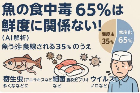 食中毒の原因は「鮮度劣化」が全体の35%程度しか占めておらず、残りの大半は鮮度とは無関係です。 特に寄生虫や特定の細菌は、魚が釣りたてでも感染リスクがあります。釣太郎