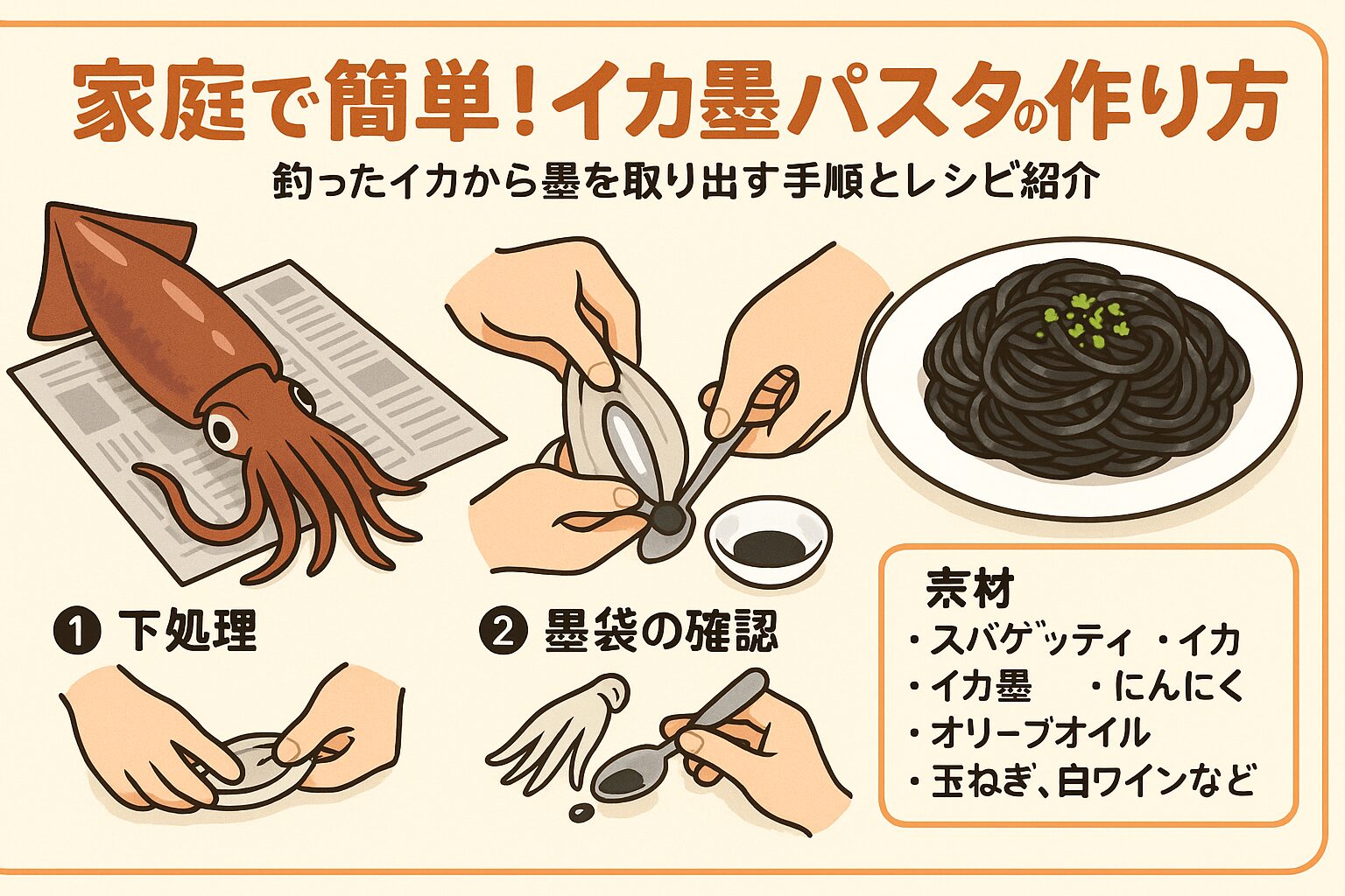 家庭で作るイカ墨パスタは、「釣ったイカから墨を取り出す手間」こそありますが、その分だけ格別な味わいに仕上がります。釣太郎