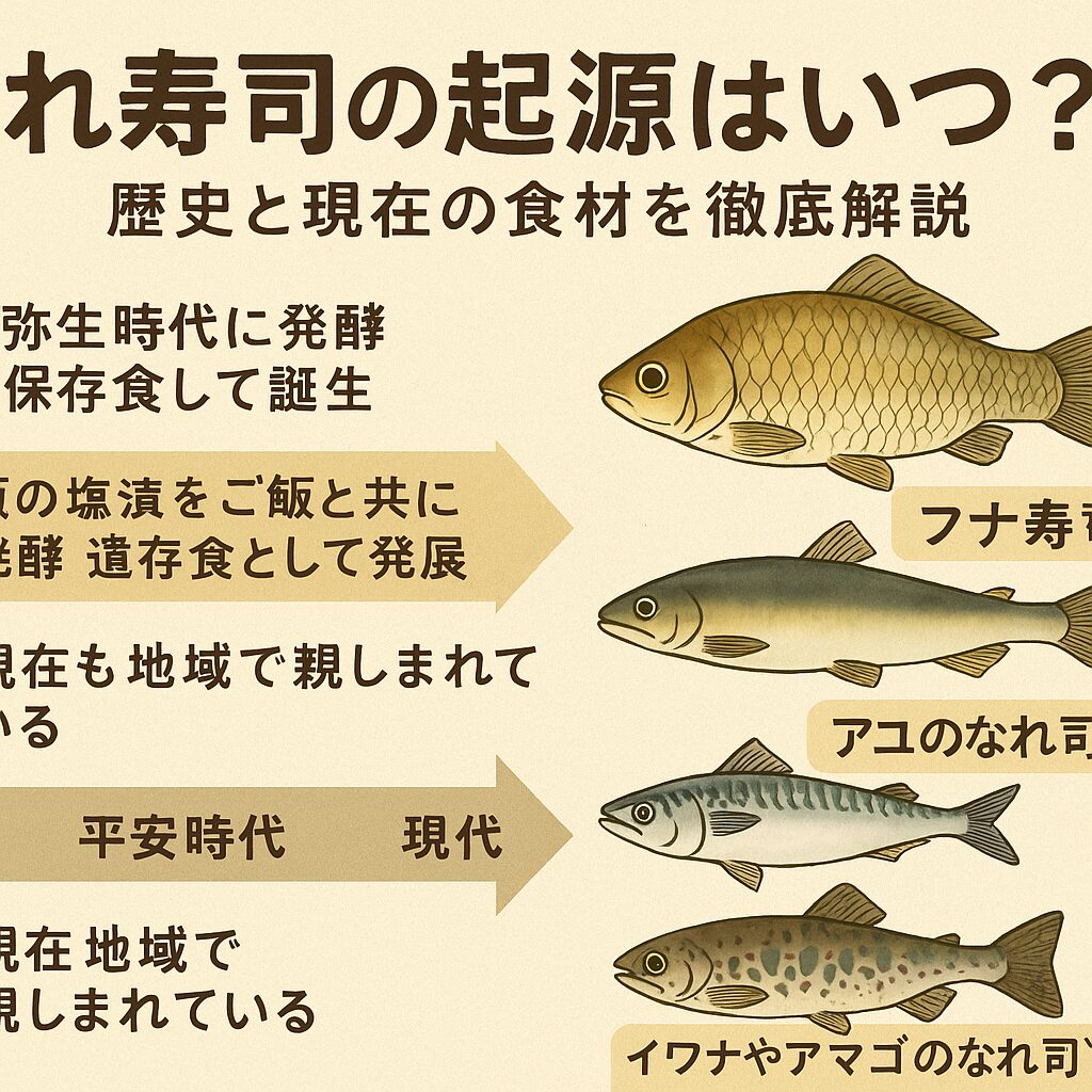 なれ寿司は弥生時代の保存食文化にルーツを持つ、日本最古の寿司の形。平安時代には高級保存食として文献に登場。 現在も地域ごとに多様な魚を使ったなれ寿司が存在（フナ、アユ、サバなど）。発酵文化の象徴として観光・特産品の価値も高い。釣太郎