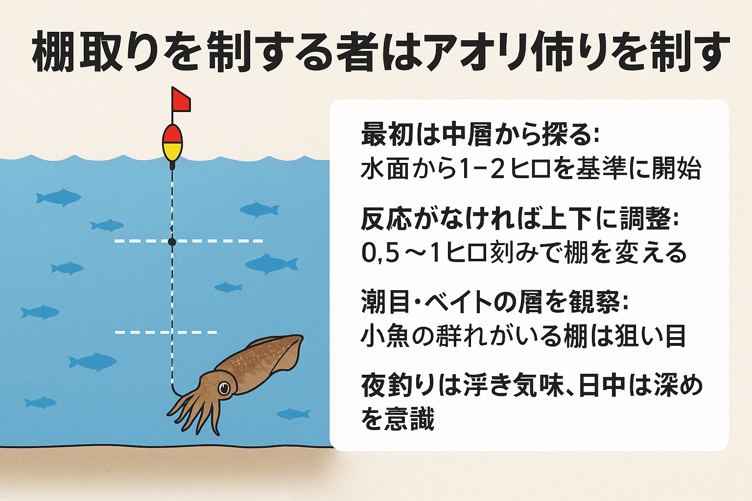 アオリイカ釣りはポイントやエサ選びも重要ですが、最も差が出るのは「タナ取り」です。釣太郎