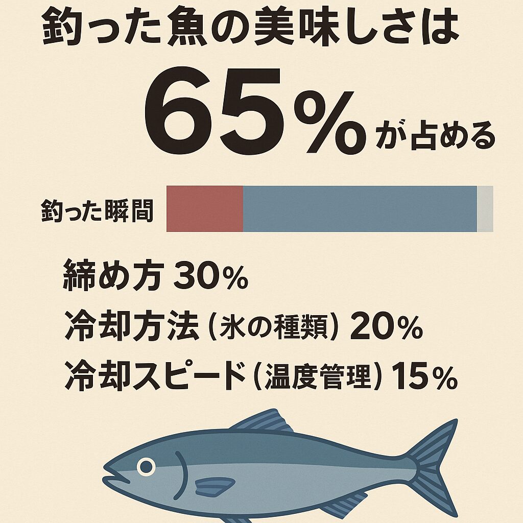 釣った魚の美味しさ100のうち、釣った後の処理が占める割合は65％。内訳は：・締め方 → 30％、氷の種類 → 20％、冷却スピード → 15％。釣太郎