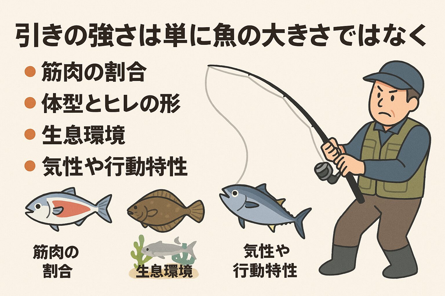 引きの強さは魚の大きさだけでは判断できません。筋肉の割合、体型とヒレの形、生息環境、気性や行動特性。この4つが組み合わさって「ファイトパワー」が決まります。釣太郎