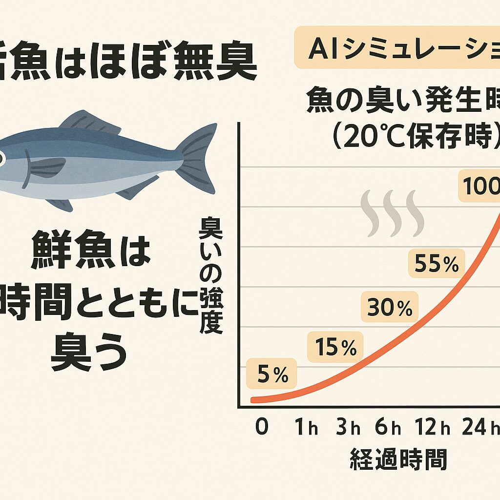 活魚は体内の化学反応が起きず、ほとんど匂いがしない。 鮮魚は死後1～3時間から匂いが発生し、時間と温度によって急速に悪化する。 AIシミュレーションによれば、20℃常温で6時間経過すると明らかな生臭さが出始める。釣太郎