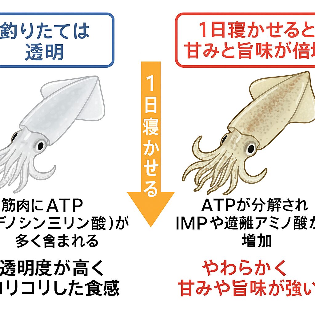 アオリイカ、釣りたて：コリコリ感と透明感。1日熟成：甘みと旨味が倍増。プロの寿司屋も「寝かせてからが本当の食べ頃」と断言.釣太郎