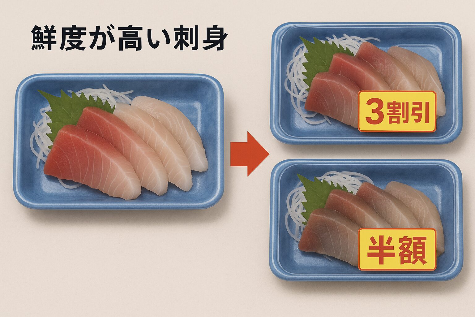 刺身は「透明感 → 弾力 → 香り」の順に劣化が進む
・3割引き刺身はまだ美味しく、むしろ旨味が増していることもある。釣太郎