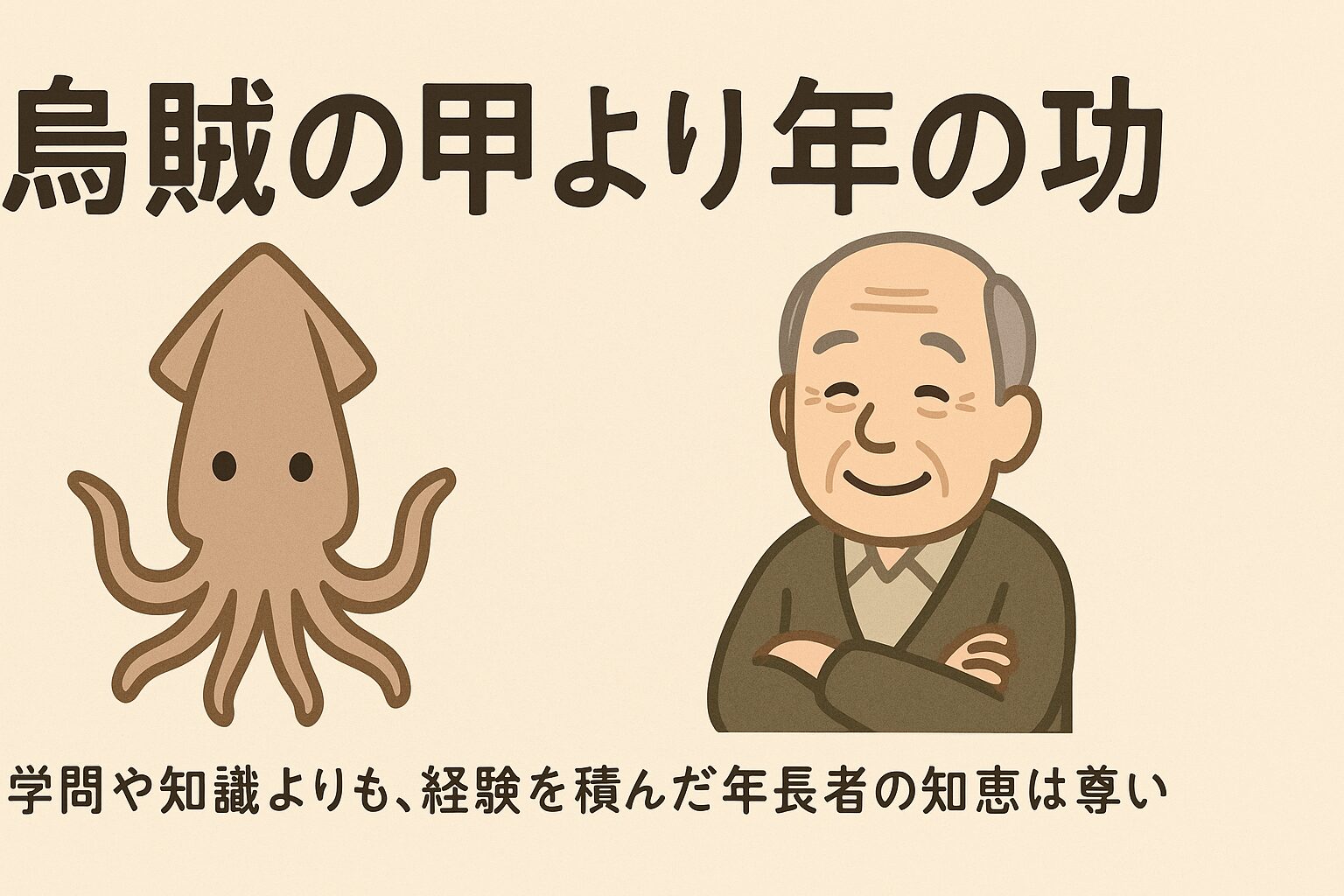 「烏賊の甲より年の功」は、・経験に裏打ちされた知恵の尊さ・年長者の言葉に耳を傾ける大切さを教えてくれることわざ。釣太郎