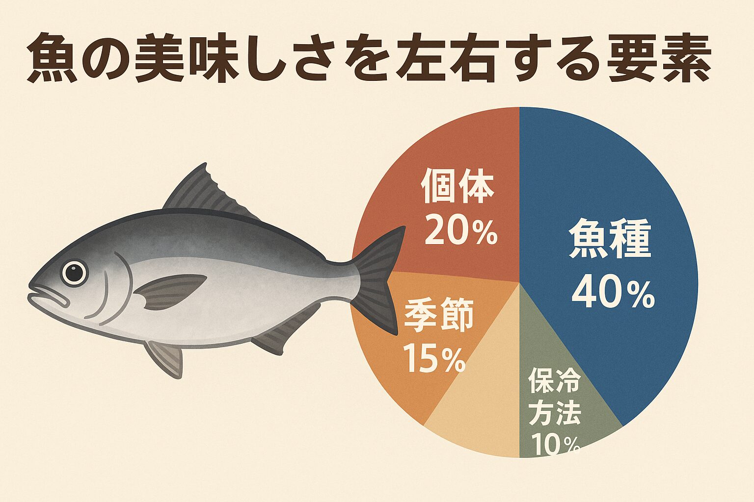 魚の美味しさは魚種が4割を占めますが、残り6割は「釣り人や料理人の工夫」で変えられます。 魚種：40％ 個体差：20％ 季節：15％ 締め方：15％ 保冷方法：10％ つまり、「何を釣るか」だけでなく、「いつ釣るか」「どう締めるか」「どう冷やすか」が、美味しい魚を食べるための決定打になるということです。釣太郎