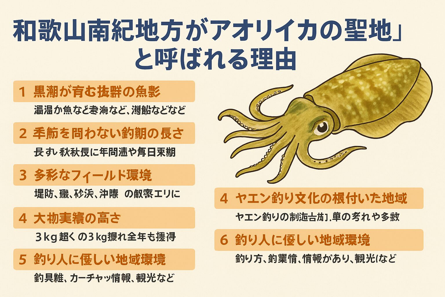 和歌山南紀地方が「アオリイカの聖地」と呼ばれる理由は、黒潮の恵み・長い釣期・多彩なフィールド・ヤエン文化・大物実績・釣り人フレンドリーな環境が揃っているからです。釣太郎
