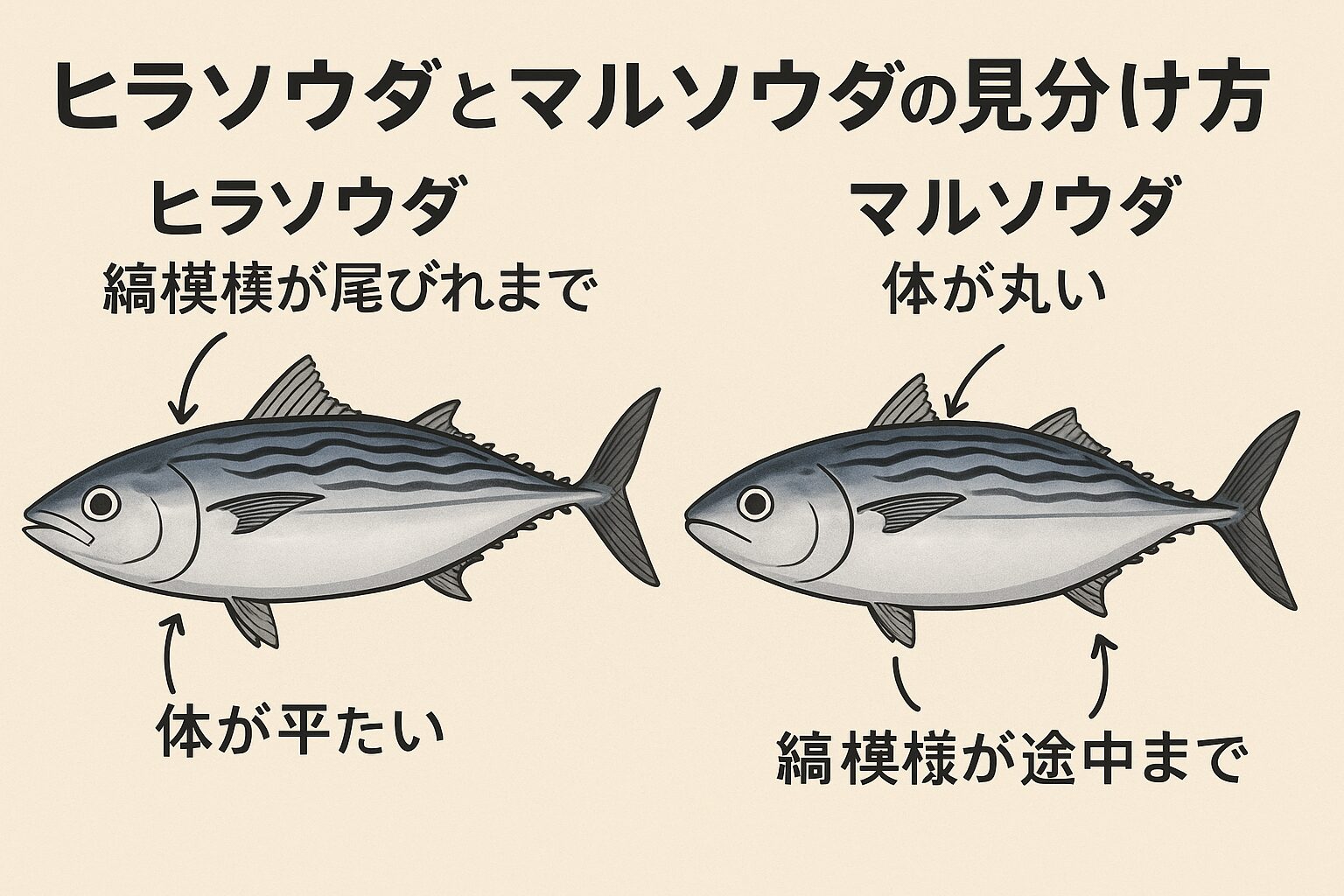ソウダガツオには「ヒラソウダ」と「マルソウダ」の2種が存在。
見分け方の決め手は 体の形(平たい or 丸い) と 縞模様の位置(尾まで or 中央で途切れる)。釣太郎