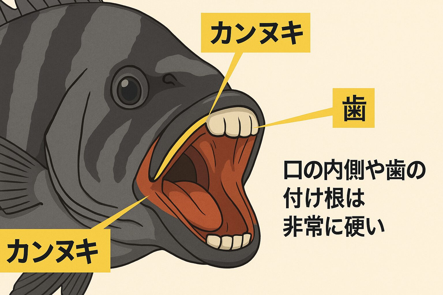 石鯛の口は想像以上に硬く、針がかかる場所は限られています。 初心者が釣果を上げるためには、カンヌキにフッキングさせる意識と、針・合わせ方の工夫が欠かせません。釣太郎