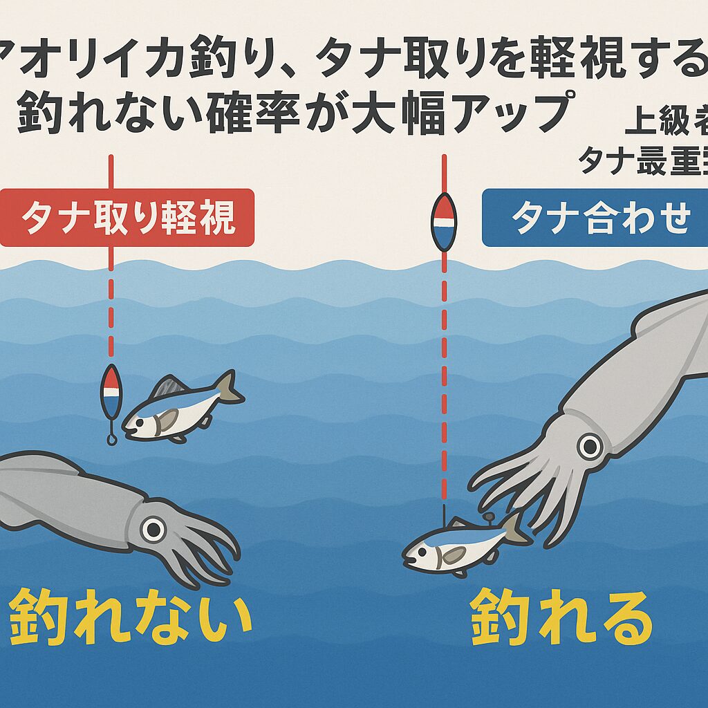 アオリイカ釣りは、タナ取りを軽視すると釣れない確率が一気に上がります。 逆にタナを正確に合わせられれば、釣果は驚くほど伸びるのです。 ・タナが50cmズレるだけで釣果は半減 ・上級者は必ずタナを最優先に調整 ・AI解析でもタナ取りを意識すれば釣果が1.8倍にアップ。釣太郎
